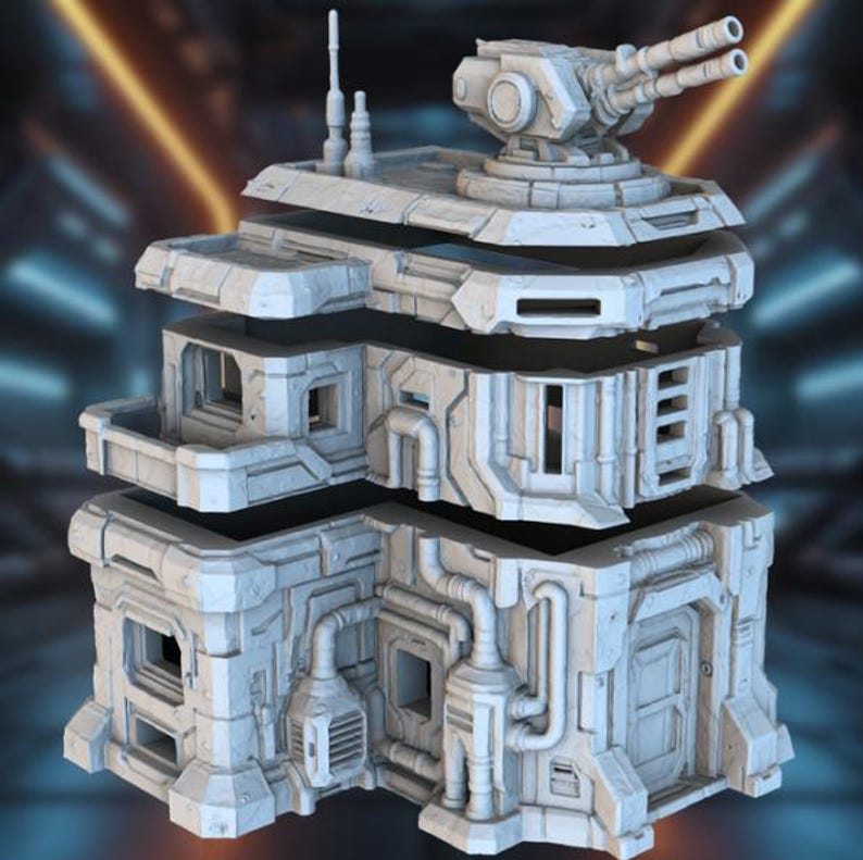 May include: A detailed, light gray, multi-level structure with a futuristic design. The building features a dual-barreled turret on top, along with various windows, pipes, and a ladder. The overall aesthetic suggests a sci-fi or military theme.