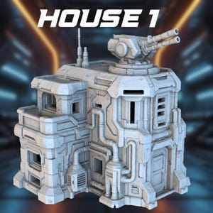 May include: A detailed, light gray model of a futuristic building labeled "HOUSE 1". The structure features a turret with two barrels, multiple windows, and intricate piping details. The design suggests a sci-fi or military theme.
