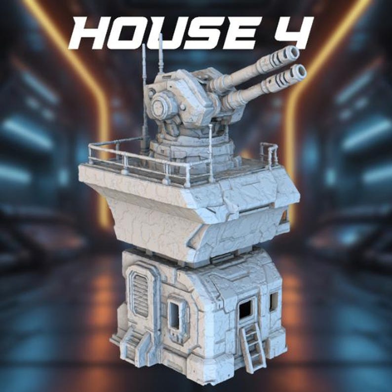 May include: A detailed, light gray model of a futuristic turret with two large cannons. The model has a multi-tiered design, with the text "HOUSE 4" at the top. The base features a small door and ladder, suggesting a sci-fi or military theme.