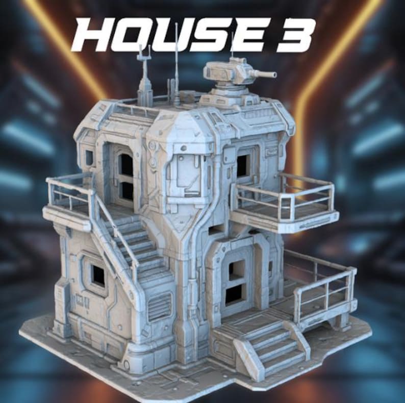 May include: A detailed, light gray model of a futuristic building labeled "HOUSE 3". The structure features multiple levels with balconies, stairs, and a turret. The design incorporates industrial elements, suggesting a sci-fi or gaming theme.