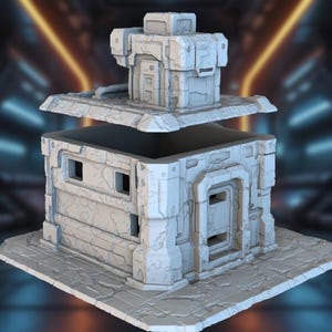 May include: A light gray, 3D-printed model of a futuristic building with a modular design. The structure features a square base, multiple rectangular windows, and a detailed, textured surface. The top section is detached, revealing the interior.