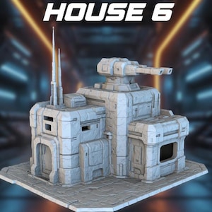 May include: A light gray, futuristic-looking building with the text "HOUSE 6" at the top. The building has a turret, antennas, and various rectangular structures. It sits on a square base with a textured surface.