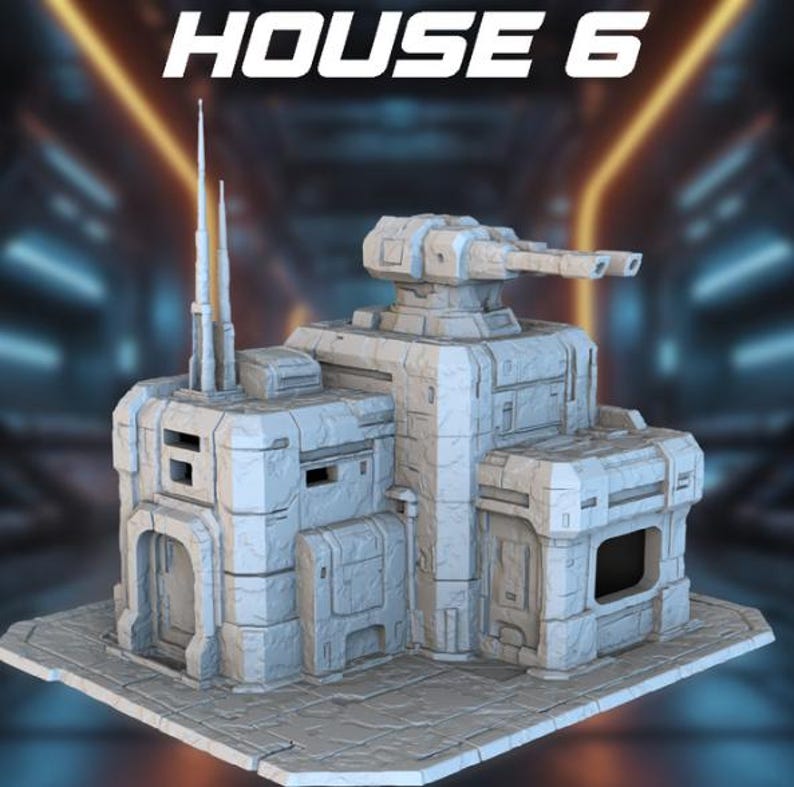 May include: A light gray, futuristic-looking building with the text "HOUSE 6" at the top. The building has a turret, antennas, and various rectangular structures. It sits on a square base with a textured surface.
