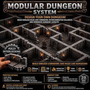 Può includere: Un sistema di dungeon modulare con piastrelle per pareti e pavimenti in pietra grigia che si incastrano per creare corridoi labirintici. Il set include componenti in scala 28mm per la stampa 3D con ingressi ad arco.