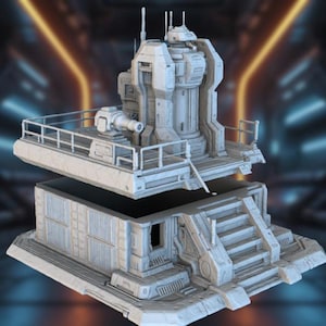May include: A detailed, light gray model of a futuristic structure. The model features a multi-tiered design with a raised platform, a central tower, and a lower level with stairs. A small cannon is mounted on the platform.