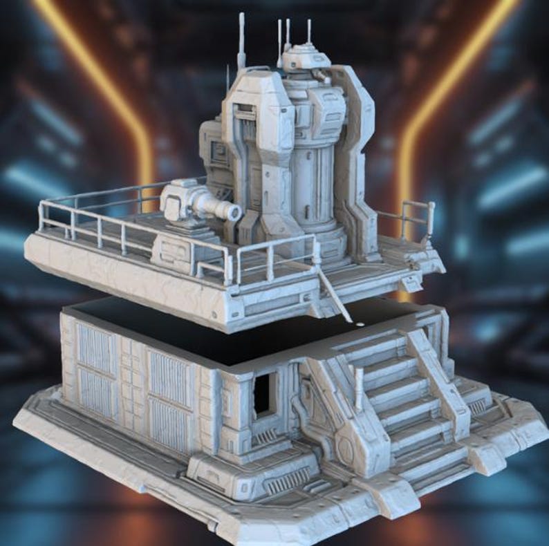 May include: A detailed, light gray model of a futuristic structure. The model features a multi-tiered design with a raised platform, a central tower, and a lower level with stairs. A small cannon is mounted on the platform.