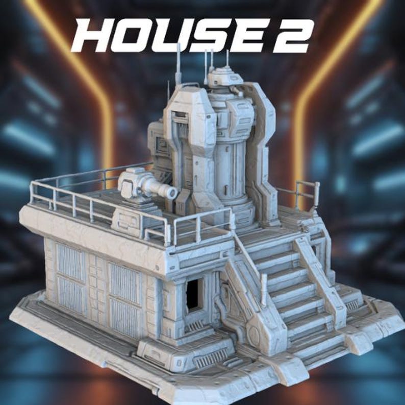 May include: A detailed, futuristic model of a building with the text "HOUSE 2" at the top. The structure is primarily light gray with intricate architectural details, including a rooftop platform, stairs, and a cylindrical central tower. A cannon-like element is mounted on the roof.