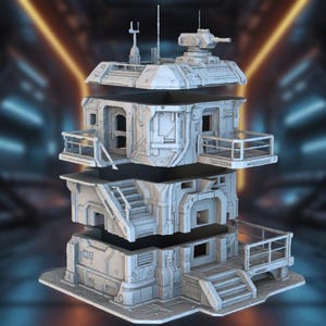 May include: A detailed, light gray model of a futuristic building, possibly a command center or outpost. The structure is modular, with several stacked sections, including balconies, stairs, and a rooftop turret. The design features a sci-fi aesthetic.