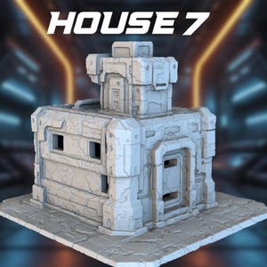 May include: A detailed, light gray model of a futuristic building, labeled "HOUSE 7" at the top. The structure features rectangular windows, a prominent door, and a textured, stone-like appearance. The building sits on a matching base.