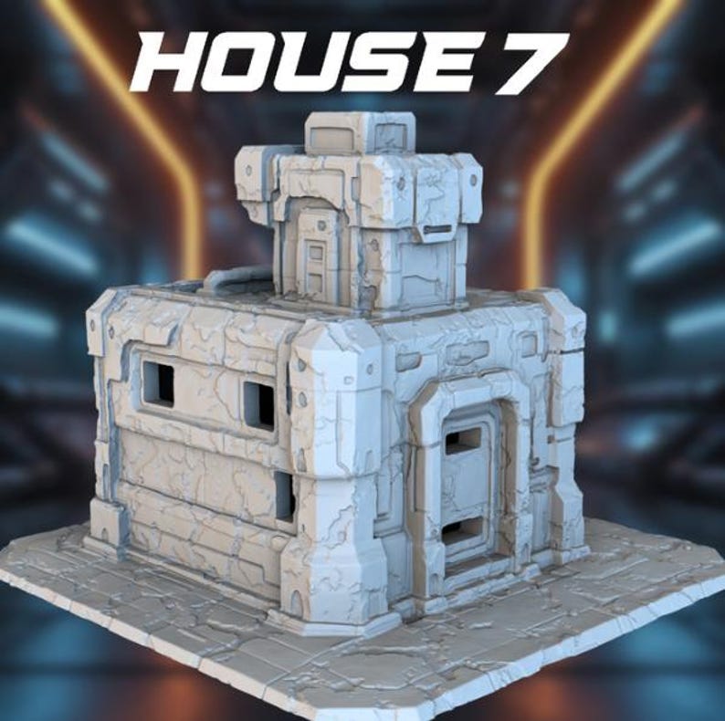 May include: A detailed, light gray model of a futuristic building, labeled "HOUSE 7" at the top. The structure features rectangular windows, a prominent door, and a textured, stone-like appearance. The building sits on a matching base.