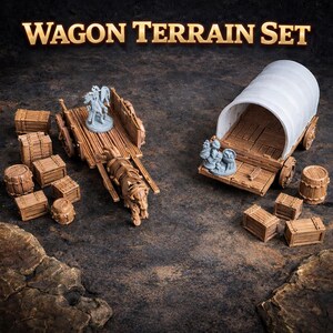 May include: A brown wagon terrain set with a white-covered wagon, a wooden wagon, barrels, and crates. The set includes miniature figures and the text "WAGON TERRAIN SET" in gold lettering.