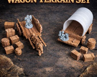 3D Printed Wagon Terrain Set – D&D Caravan, Merchant Prop, Horses