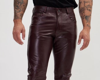 Custom made Real Leather Classic Zipper Jeans Pants, Slim-Fit Leather Trousers, GENUINE LAMBSKIN Leather PANTS - Wine colour