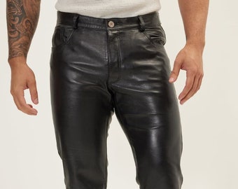 Op maat gemaakte echte leren klassieke jeansbroek met rits, slim-fit leren broek, echte LAMBSKIN lederen broek - ZWARTE kleur