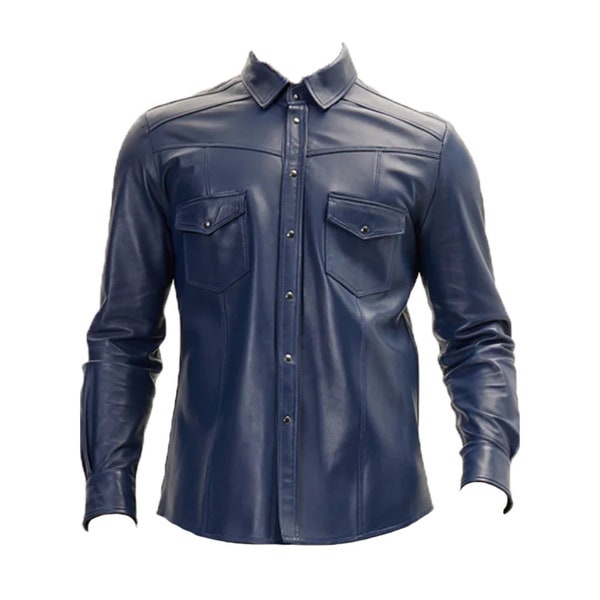 GENUINE Lambskin Leather Shirt - NAVY Leather  Bluff LGBT Pride Handmade Leather Shirt