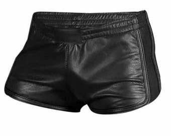 Handmade sports shorts, Men's Real Leather Sport Shorts Black, fetish leather shorts