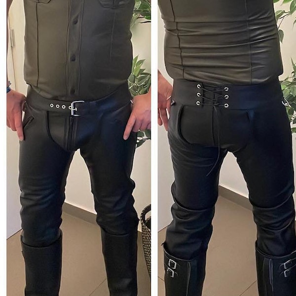 Leather Convertible Chaps Pants Adult, black leather chaps and pant, 2-in-1 pair of Pants and Chaps,