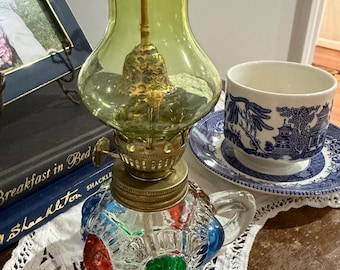 Vintage Mini Oil Lamp | Emerald Green Ruffled Shade | Hobnail Glass Base with Jewel Accents | Cottagecore Decor | Victorian Style Accent