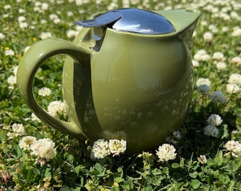 Vintage Avocado Green Teapot with Stainless Steel Lid | Mid Century Modern Coffee or Tea Pot | Retro Kitchen Decor