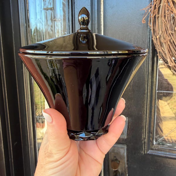 Vintage 1950s Fostoria Diadem Ebony Black Glass Candy Dish w/ Lid