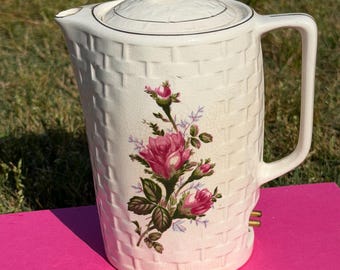 Vintage Ceramic Coffee/Tea Pot with Warmer | Pink Rose Floral | Cottage Farmhouse Kitchen Decor