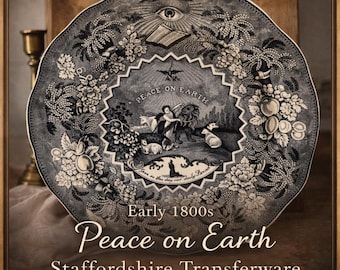 Antique Staffordshire Transferware Plate | “Peace on Earth” Pattern | Early 1800s Black & White | Religious Victorian Decor