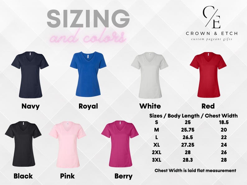 Puede incluir: Un gr&aacute;fico que muestra diferentes colores y tallas de camisetas de cuello en V. Los colores son azul marino, azul real, blanco, rojo, negro, rosa y mora. Las tallas son S, M, L, XL, 2XL y 3XL. El gr&aacute;fico tambi&eacute;n incluye la longitud del cuerpo y el ancho del pecho para cada talla.