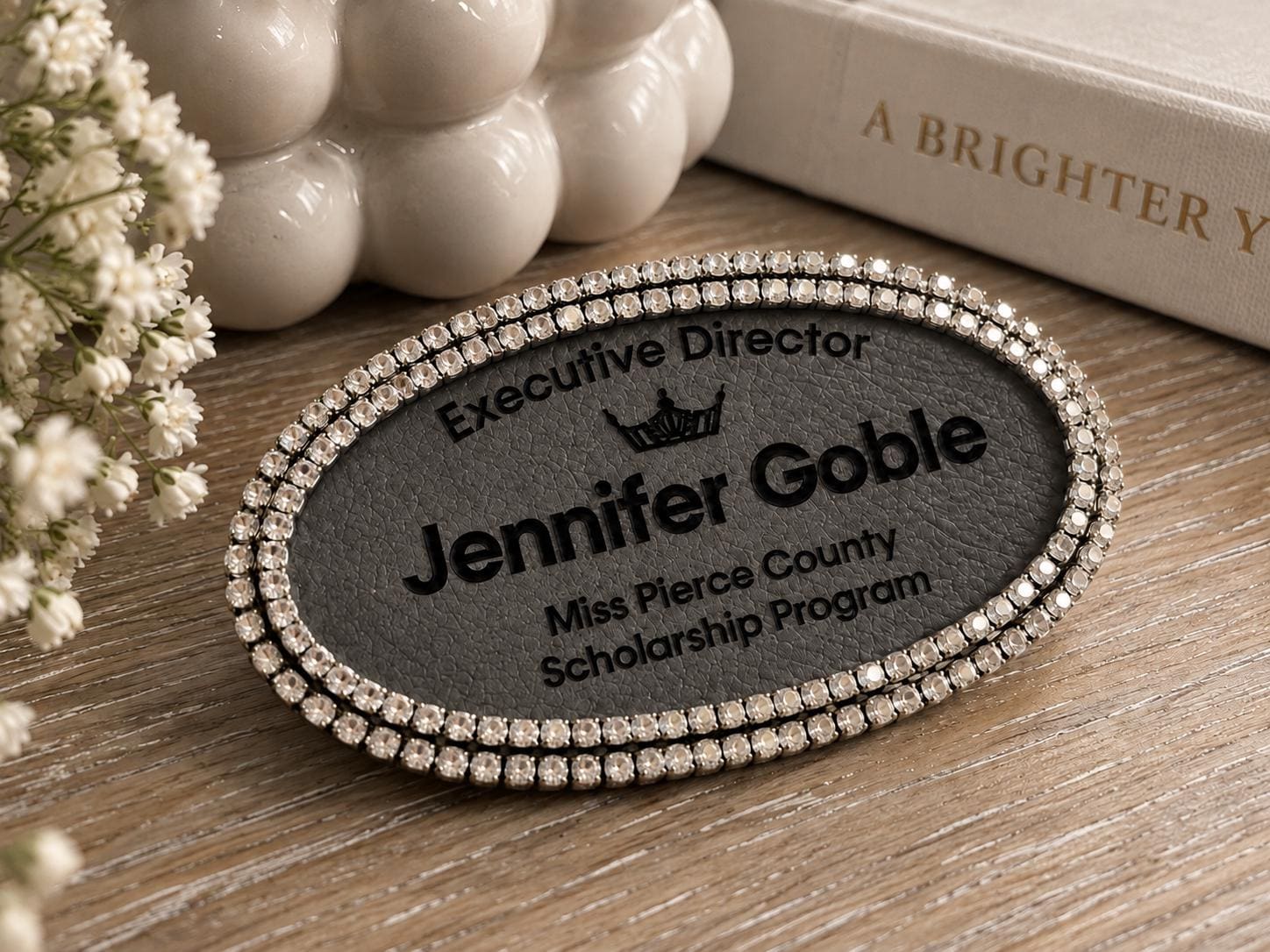 Magnetic Miss America Rhinestone Name Badge Bling Name Tag MAO Local Director Name Tag Rhinestone Badge Custom Engraved Name Tag