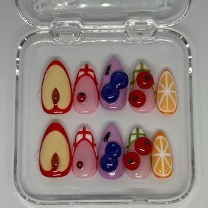 Hand made press on nails | Summer nails | Spring nails | Cute Nails | Fruit nails | 3d gel nails | Lady bug nails | Picnic nails