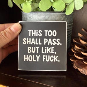 May include: A black square sign with white text that reads "THIS TOO SHALL PASS. BUT LIKE, HOLY FUCK." The sign is held in a hand, with a blurred background of greenery and a metal container.