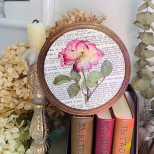 Mini Rose Pressed Flower Art: Vintage Book Page, Framed Botanical