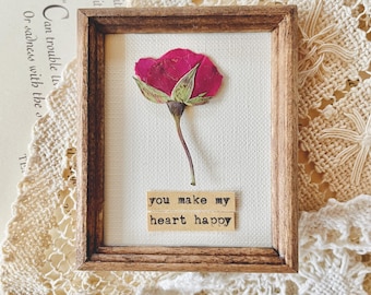 Tiny Love Message Rosebud Flower Framed Art 2&quot;x3&quot; | Nature Lover Gift | Pressed Flowers Wall Art | I Love You Gift | Real Red Roses