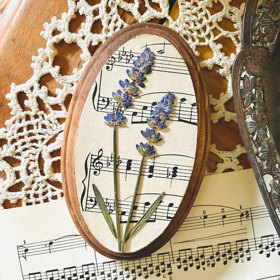 Pressed Flower Botanical Wall Art: Vintage Sheet Music, Oval Frame