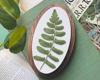 May include: An oval wooden frame with a pressed green fern leaf on a white background. The frame is resting on a green book with the title "Field Guide". A copy of "The Hobbit" by J.R.R. Tolkien is in the background.