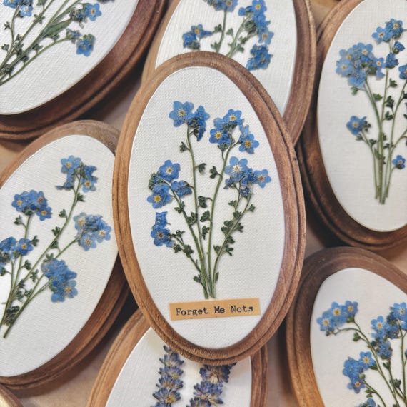 Pressed Forget Me Nots Blue Floral Herbarium Artwork: Botanical Oval Canvas Wall Hanging