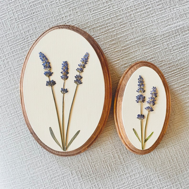 Small Lavender Canvas Wall Painting | Botanical Oval Wall Hanging | Pressed Floral Wall Art | Framed Pressed Flowers | Gallery Wall Decor