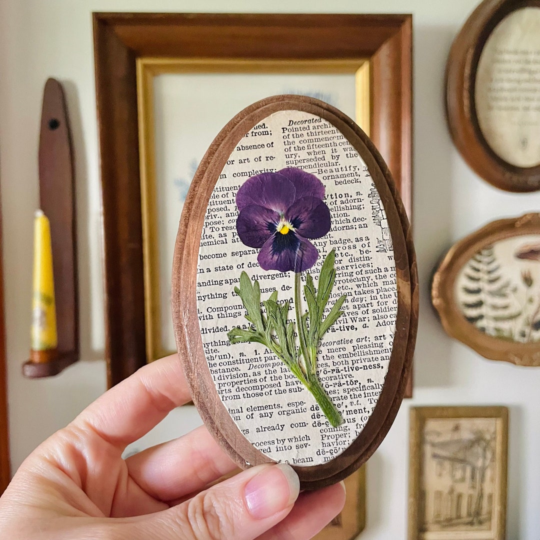 Vintage Book Page Floral Wall Art | Botanical Oval Wall Hanging | Pressed Wall Artwork | Framed Pressed Flowers | Gallery Wall Decor