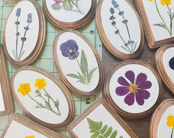 May include: A collection of oval and rectangular wooden frames with pressed flowers and ferns inside. The frames are all different sizes and have a rustic, natural look. The flowers include lavender, pansies, ferns, and yellow wildflowers.