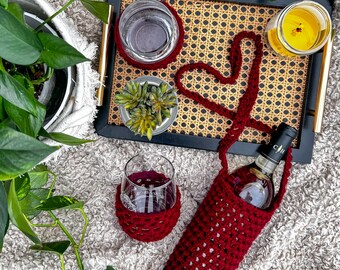 Crochet Wine Bottle Bag, wine tote, Wine holder, wine bag, wine lovers bundle, Wine lanyard, wine glass holder, wine koozies