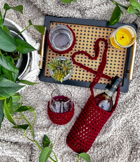 Crochet Wine Bottle Bag, wine tote, Wine holder, wine bag, wine lovers bundle, Wine lanyard, wine glass holder, wine koozies