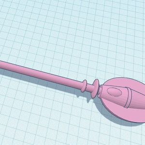 May include: A light pink, 3D-rendered object resembling a kitchen utensil, possibly a muddler or a cocktail stirrer. It features a long, cylindrical handle, a decorative midsection, and a rounded head with a cylindrical end. The object is set against a grid background.