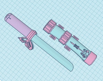 Op de afbeelding: Een pastelkleurige zwaard- en schede set. Het zwaard heeft een lichtblauw lemmet en een roze handvat met een decoratieve strik. De schede is cilindrisch, met roze accenten en een decoratief embleem. De set staat op een blauwe rasterachtergrond.