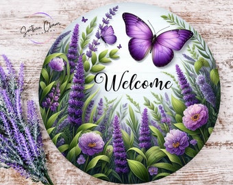 Wreath sign Purple Butterfly Flower Garden round metal sign, brilliant colors and detail, aluminum sign