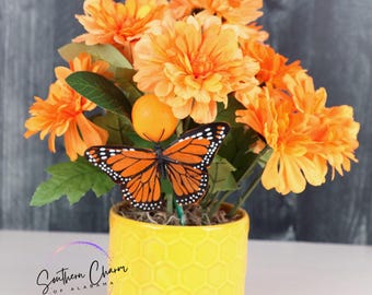 Orange Dahlia floral arrangement in a round ceramic vase, Monarch butterfly, orange fruit, floral decor, home decor, centerpiece, farmhouse