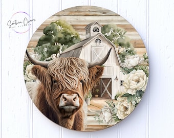Highland Cow Wreath Sign, Floral Barnyard Decor, Aluminum Door Hanger