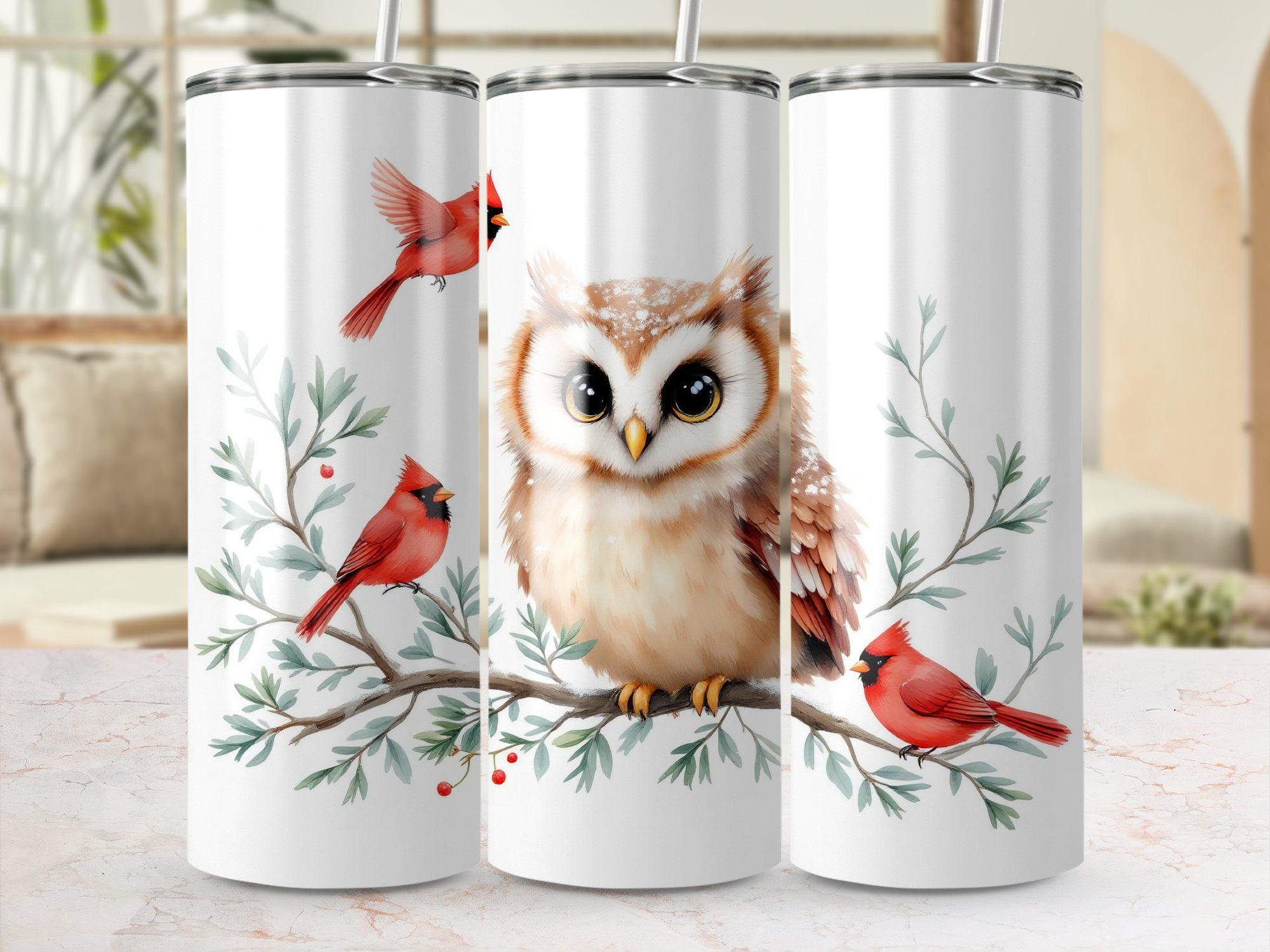 Owl and Cardinals Vintage Tumbler Wrap, Woodland PNG File (Digital Download)