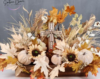 Blessed Fall floral arrangement in rectangular wooden base with cross, pumpkins in colorful fall foliage, fall home decor, farmhouse decor,