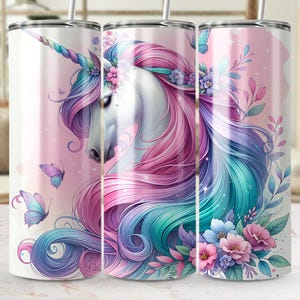 Unicorn Seamless Digital 20oz Tumbler Wrap PNG, Magical Unicorn with Flowers and Butterflies, Pastel Colored Fantasy Digital Art for Tumbler