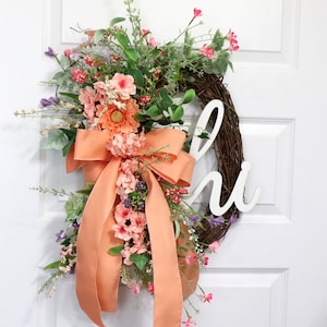 Everyday welcome &quot;Hi&quot; grapevine wreath, front door decor, peach ribbon, housewarming gift, garden decor, farmhouse decor