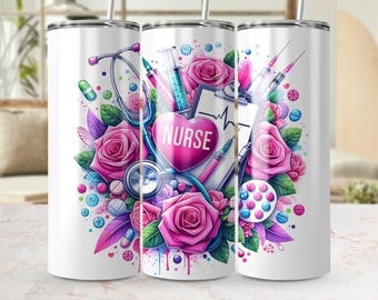 Nurse Tumbler Wrap PNG, Roses, Medical Design (Digital Download)